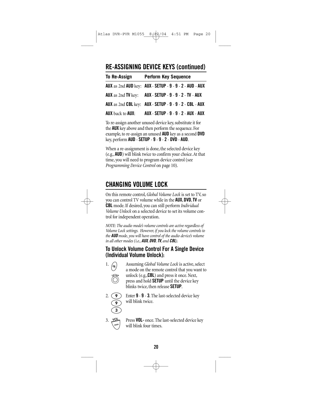 Universal Remote Control M1055 manual RE-ASSIGNING Device Keys, Changing Volume Lock 