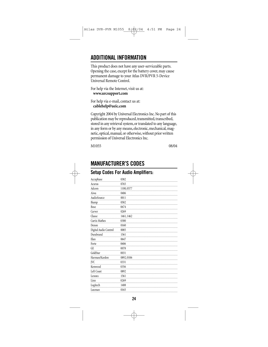 Universal Remote Control M1055 manual Additional Information, MANUFACTURER’S Codes, Setup Codes For Audio Amplifiers, Jvc 