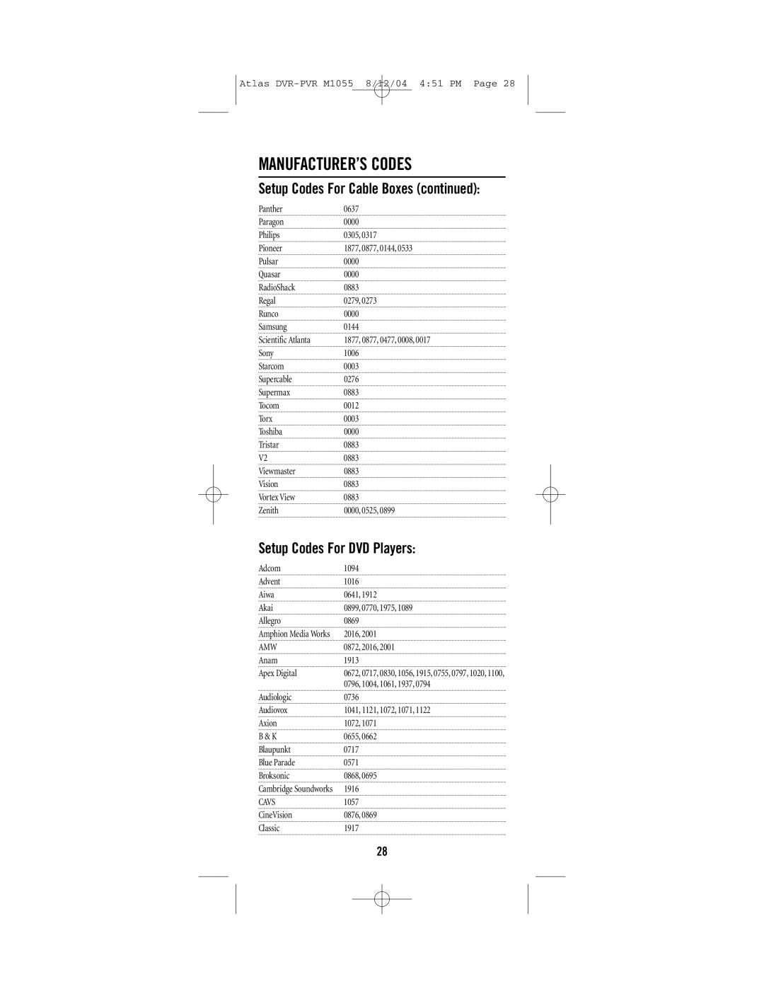 Universal Remote Control M1055 manual Setup Codes For Cable Boxes, Setup Codes For DVD Players, Cavs 