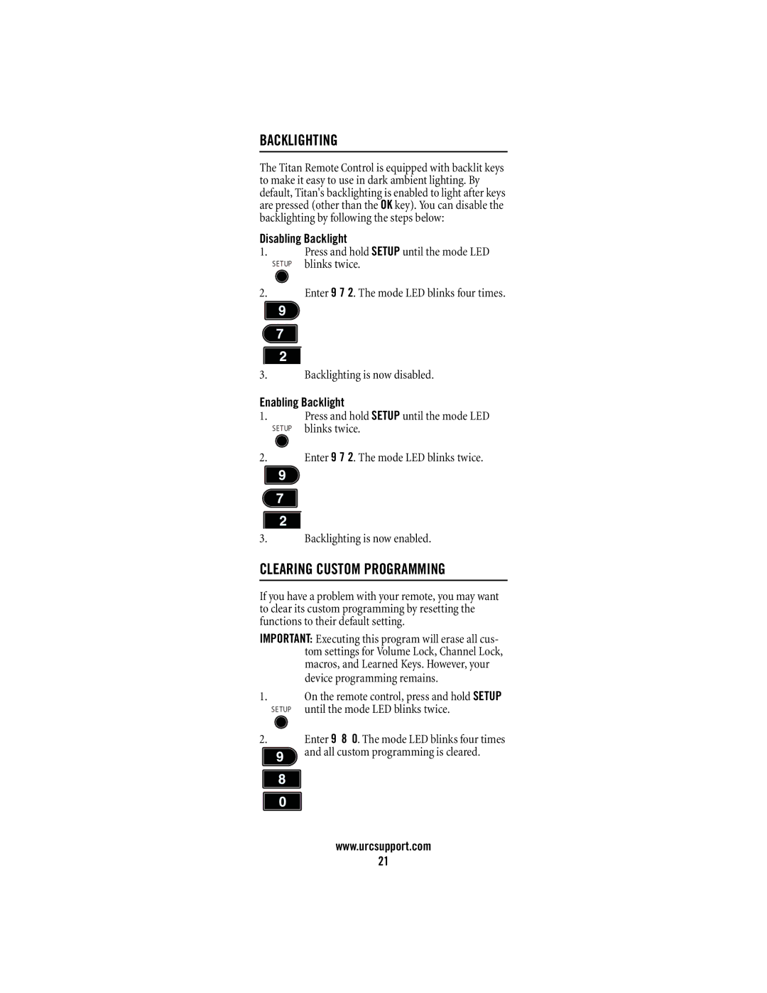 Universal Remote Control M2056-C manual Backlighting, Clearing Custom Programming, Disabling Backlight, Enabling Backlight 