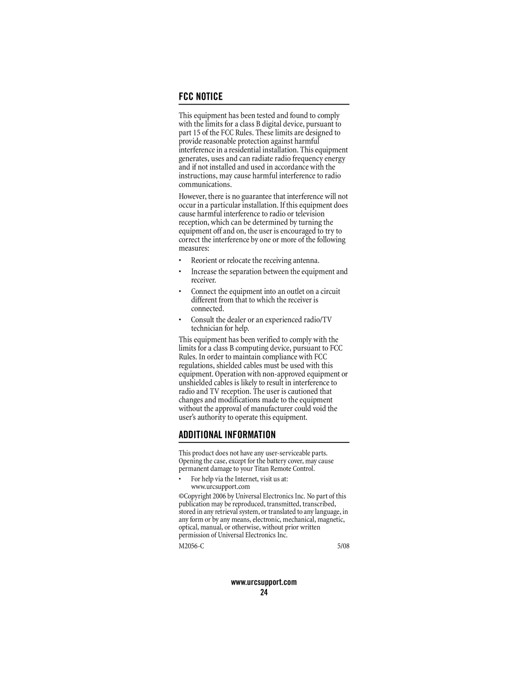 Universal Remote Control M2056-C manual FCC Notice, Additional Information 