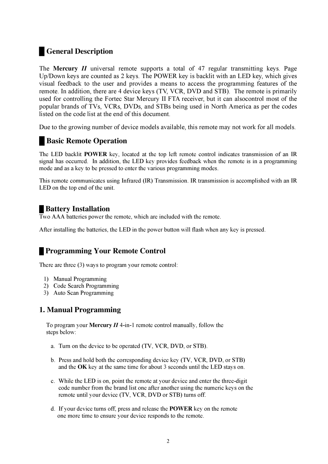 Universal Remote Control Mercury-II General Description, Basic Remote Operation, Battery Installation, Manual Programming 