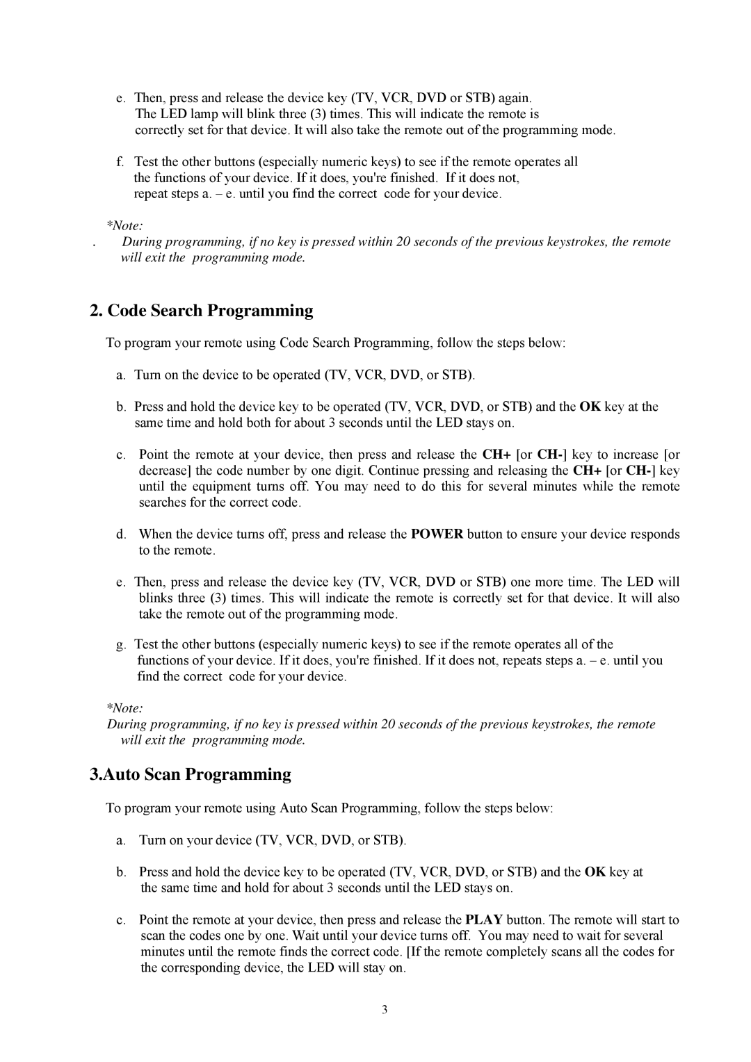 Universal Remote Control Mercury-II user manual Code Search Programming, Auto Scan Programming 