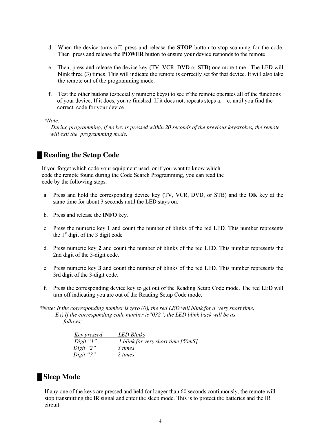 Universal Remote Control Mercury-II user manual Reading the Setup Code, Sleep Mode 