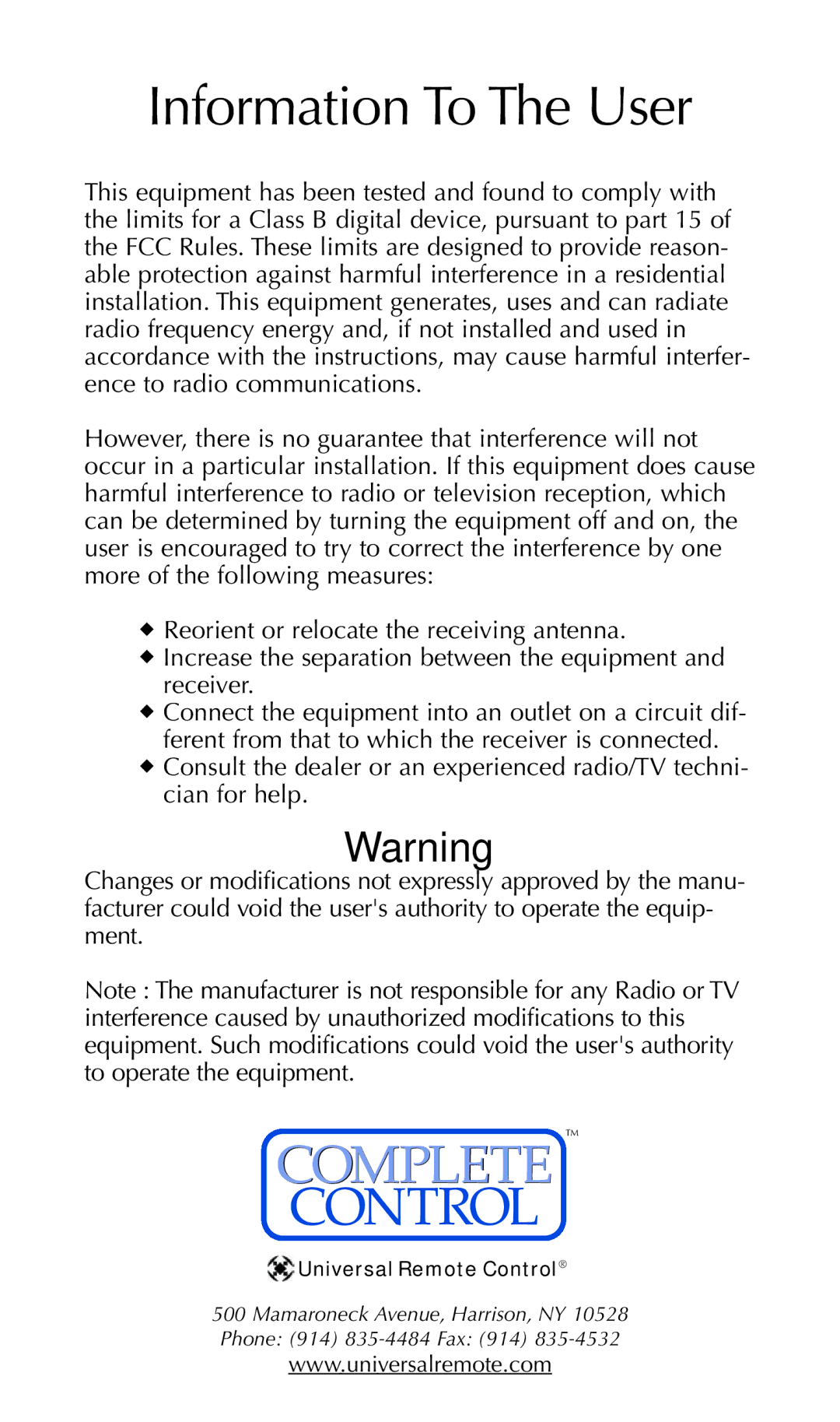 Universal Remote Control MRF-260 installation manual Information To The User 