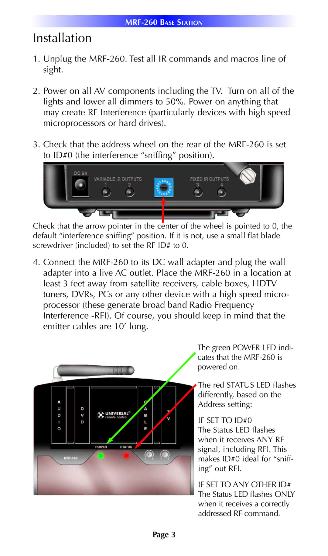 Universal Remote Control MRF-260 installation manual Installation, If SET to ID#0 