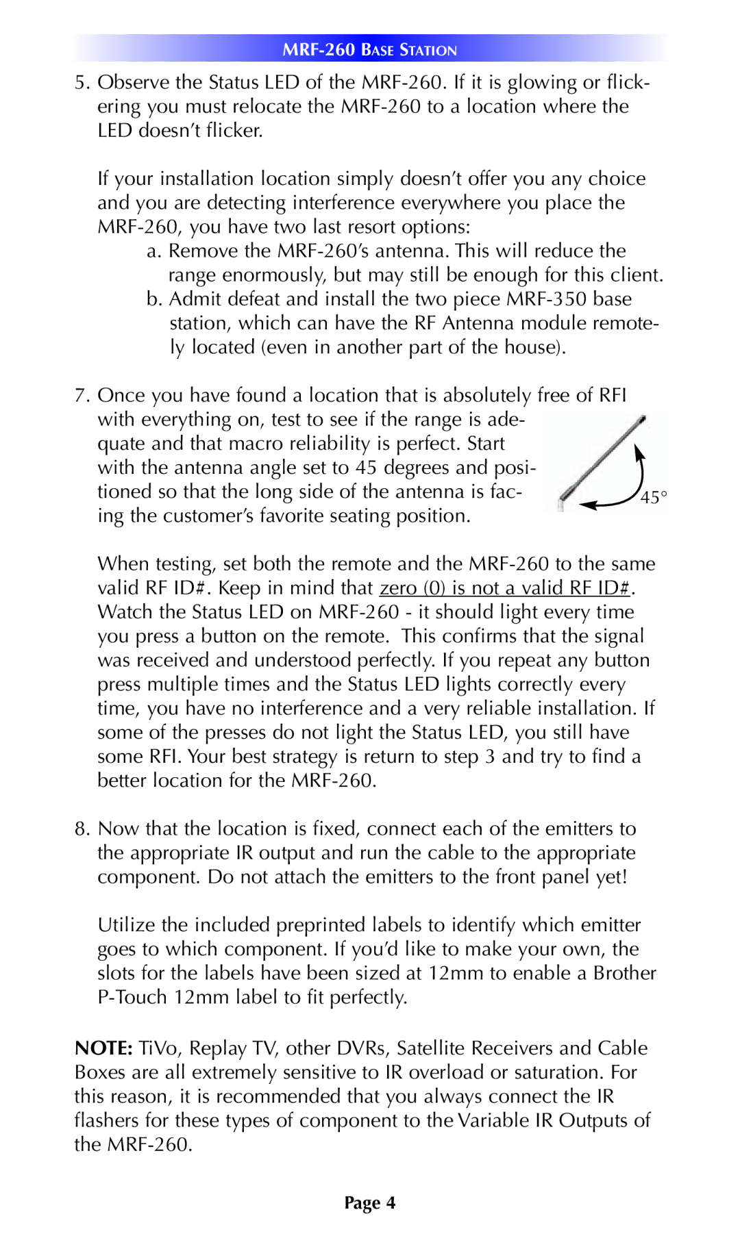 Universal Remote Control installation manual MRF-260BASE Station 