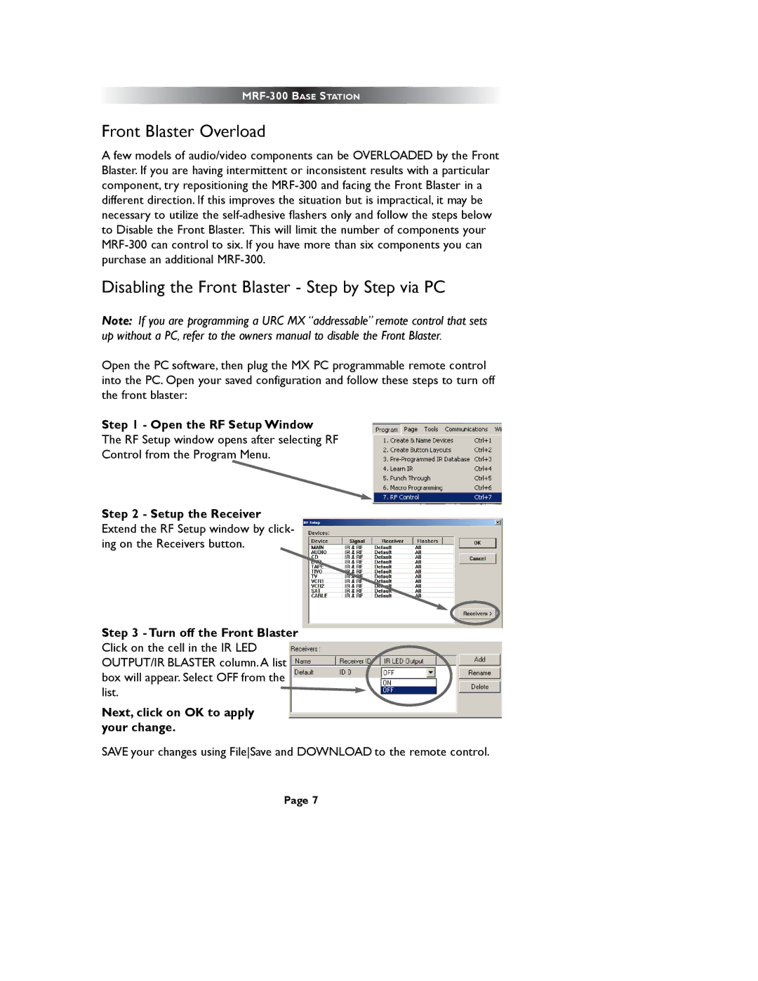 Universal Remote Control MRF-300/RFX150 Front Blaster Overload, Disabling the Front Blaster Step by Step via PC 