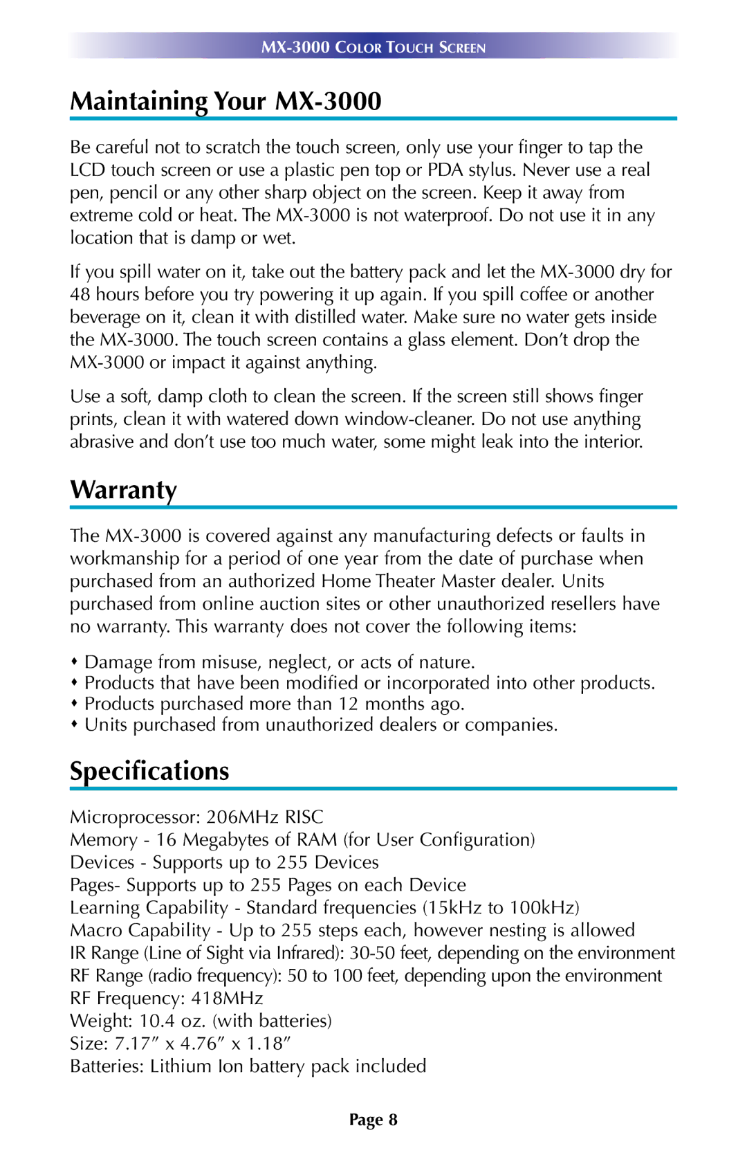 Universal Remote Control owner manual Maintaining Your MX-3000, Warranty, Specifications 