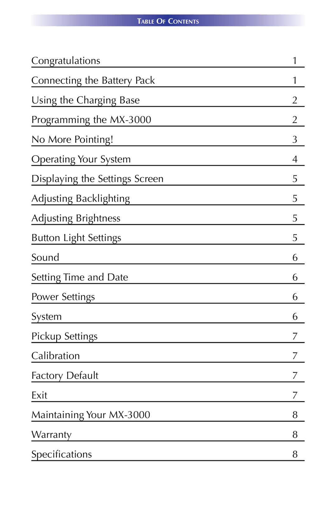 Universal Remote Control MX-3000 owner manual Table of Contents 