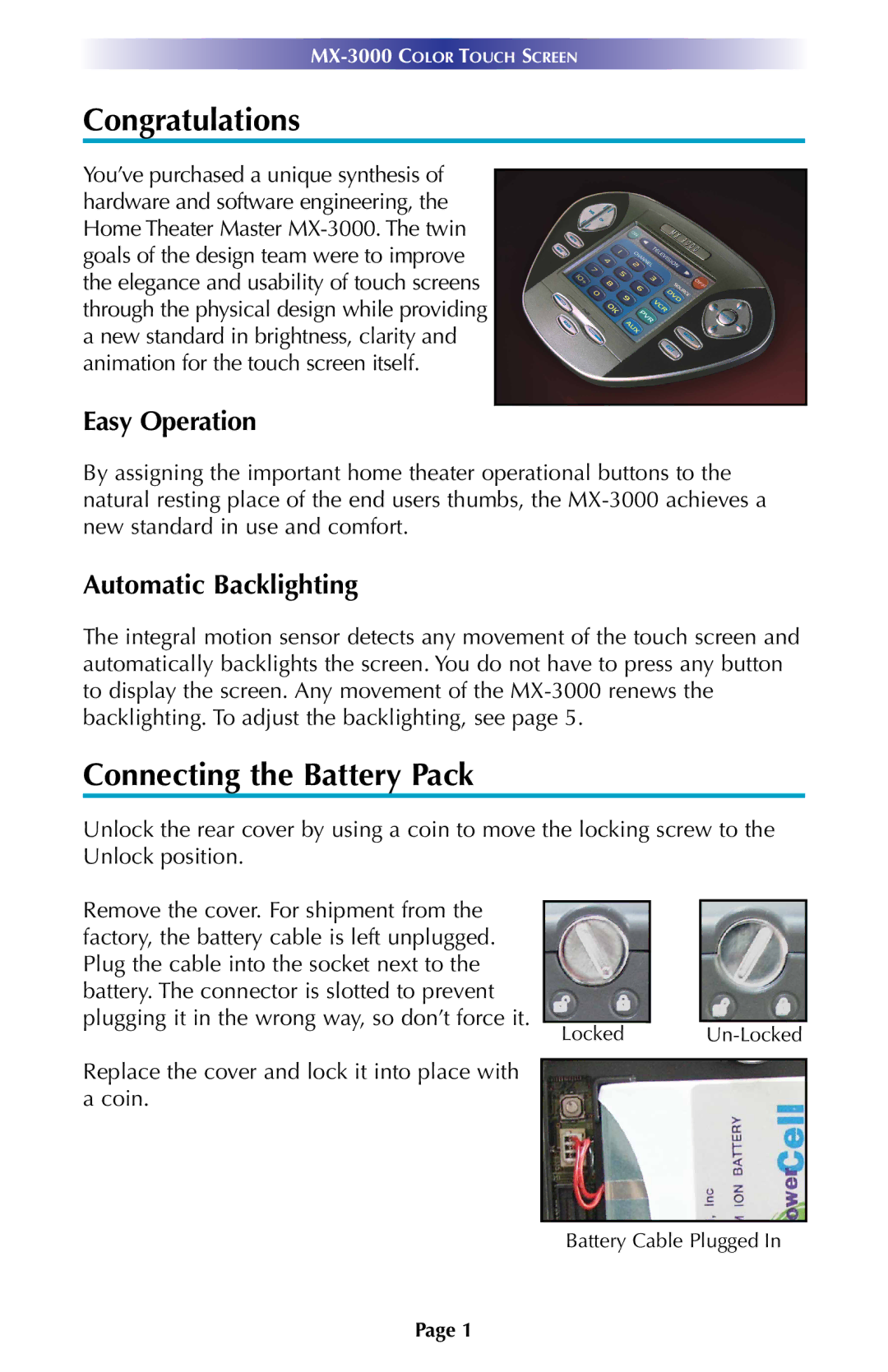 Universal Remote Control MX-3000 owner manual Congratulations, Connecting the Battery Pack 