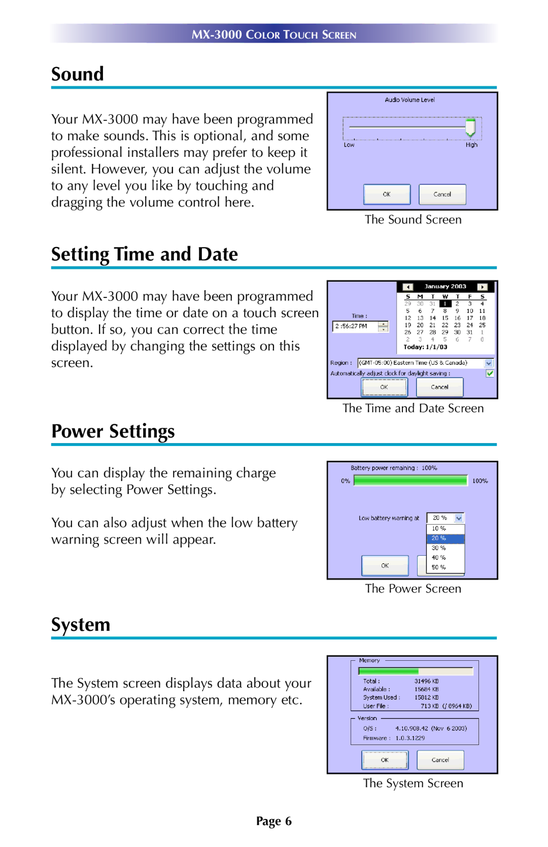 Universal Remote Control MX-3000 owner manual Sound, Setting Time and Date, Power Settings, System 