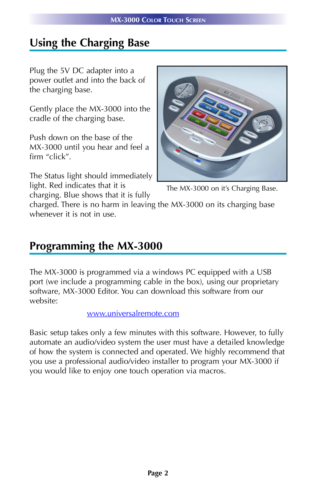 Universal Remote Control owner manual Using the Charging Base, Programming the MX-3000 