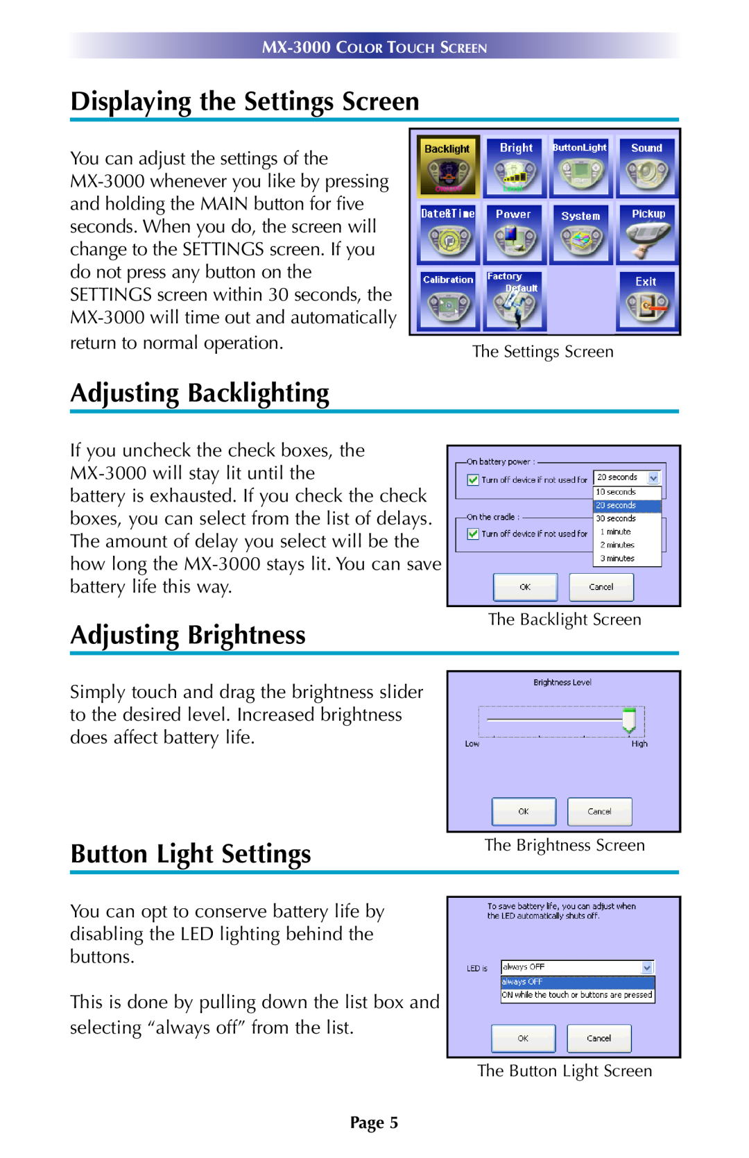 Universal Remote Control MX-3000 owner manual Adjusting Backlighting, Adjusting Brightness, Button Light Settings 
