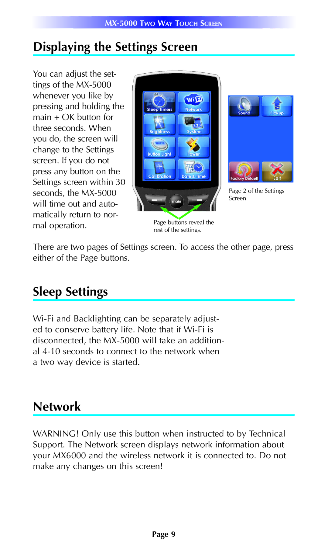 Universal Remote Control MX-5000 manual Displaying the Settings Screen, Sleep Settings, Network 