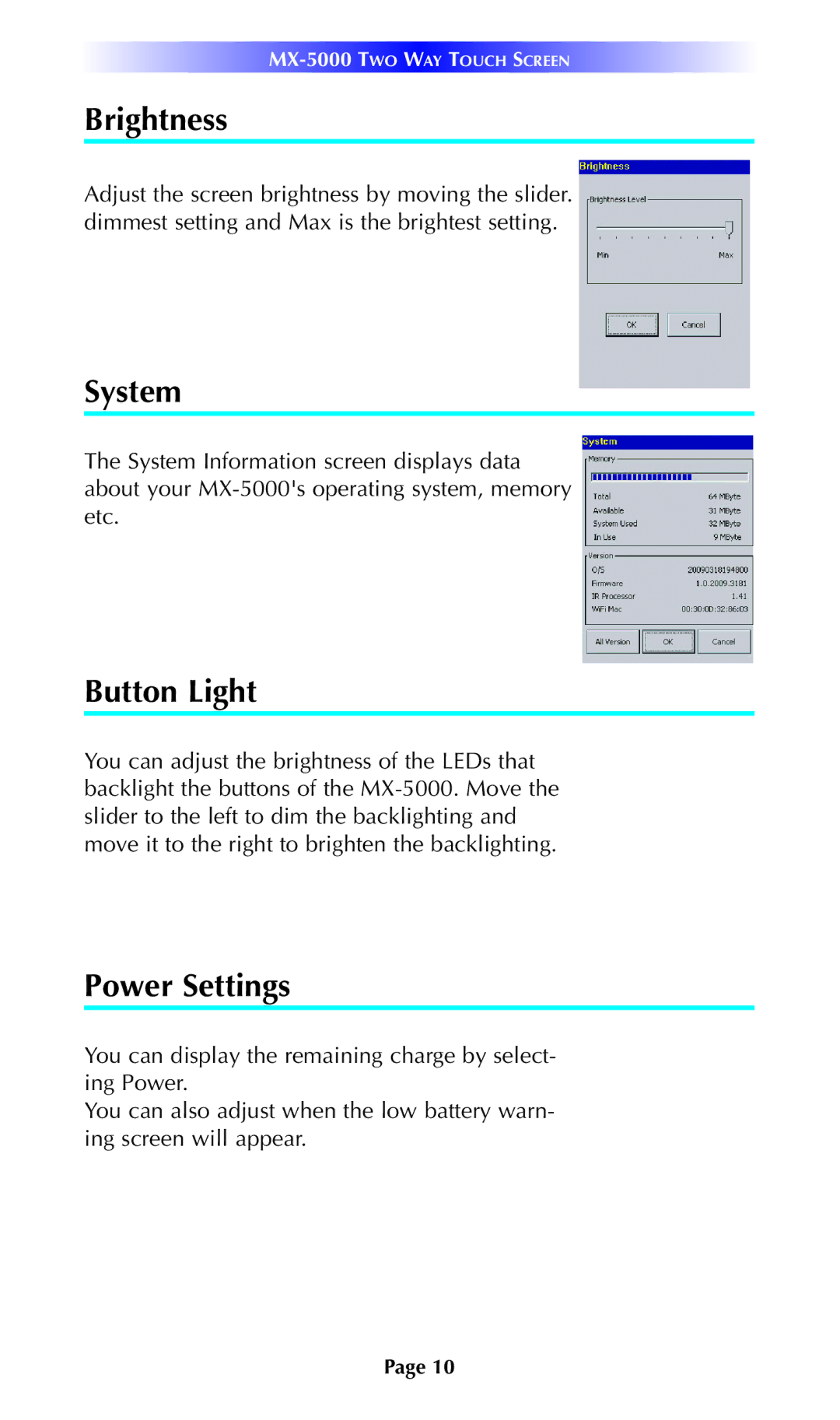 Universal Remote Control MX-5000 manual Brightness, System, Button Light, Power Settings 