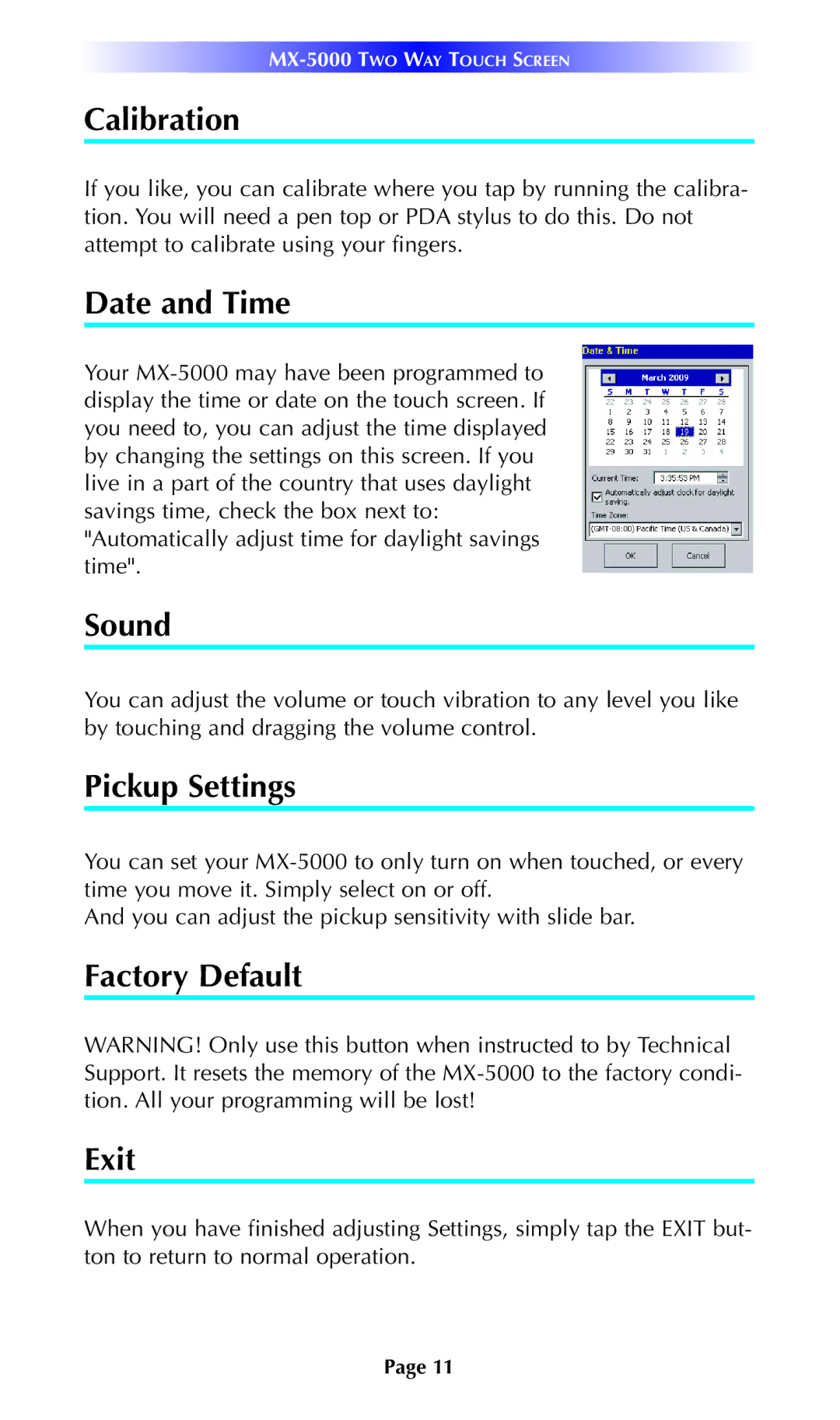 Universal Remote Control MX-5000 manual Calibration, Date and Time, Sound, Pickup Settings, Factory Default Exit 