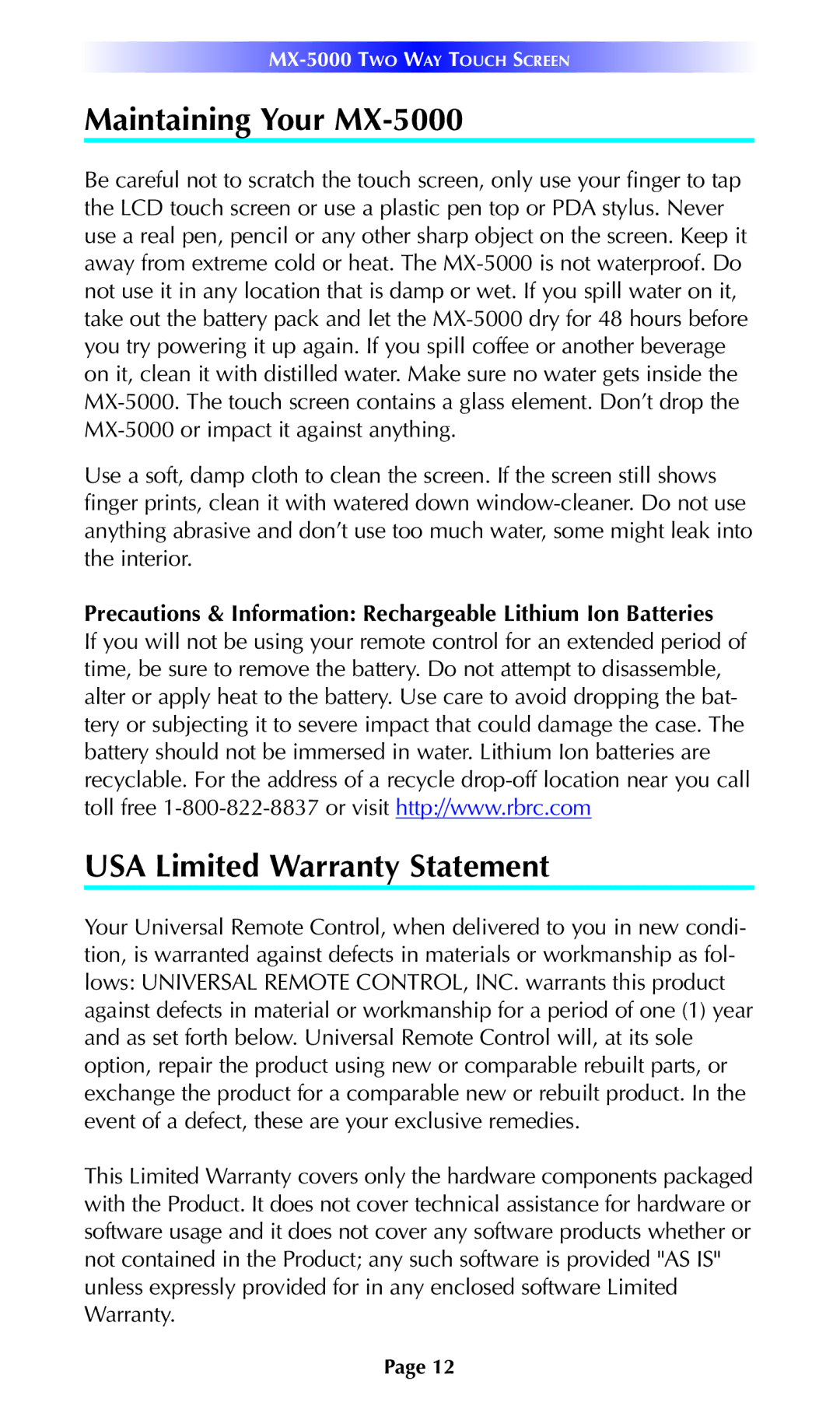 Universal Remote Control manual Maintaining Your MX-5000, USA Limited Warranty Statement 