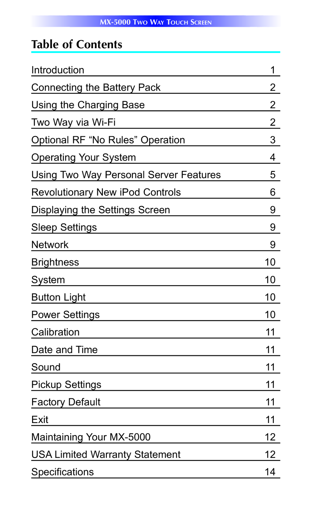 Universal Remote Control MX-5000 manual Table of Contents 