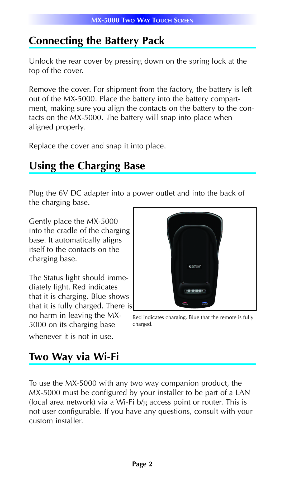 Universal Remote Control MX-5000 manual Connecting the Battery Pack, Using the Charging Base, Two Way via Wi-Fi 