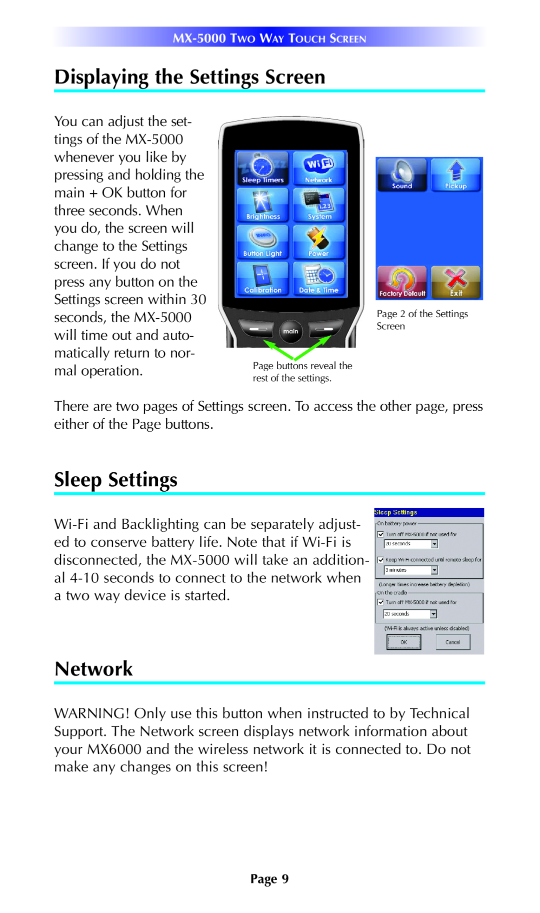 Universal Remote Control MX-5000 Displaying the Settings Screen, Sleep Settings, Network, Page 2 of the Settings Screen 