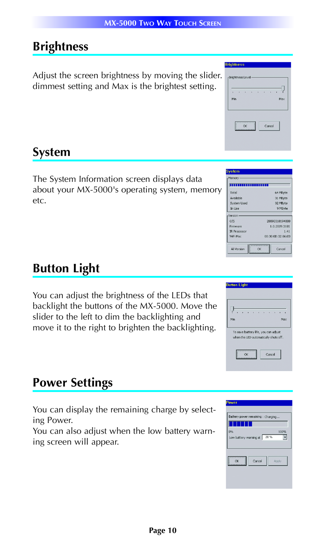 Universal Remote Control MX-5000 manual Brightness, System, Button Light, Power Settings 