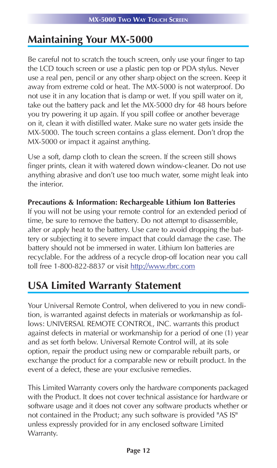 Universal Remote Control manual Maintaining Your MX-5000, USA Limited Warranty Statement 