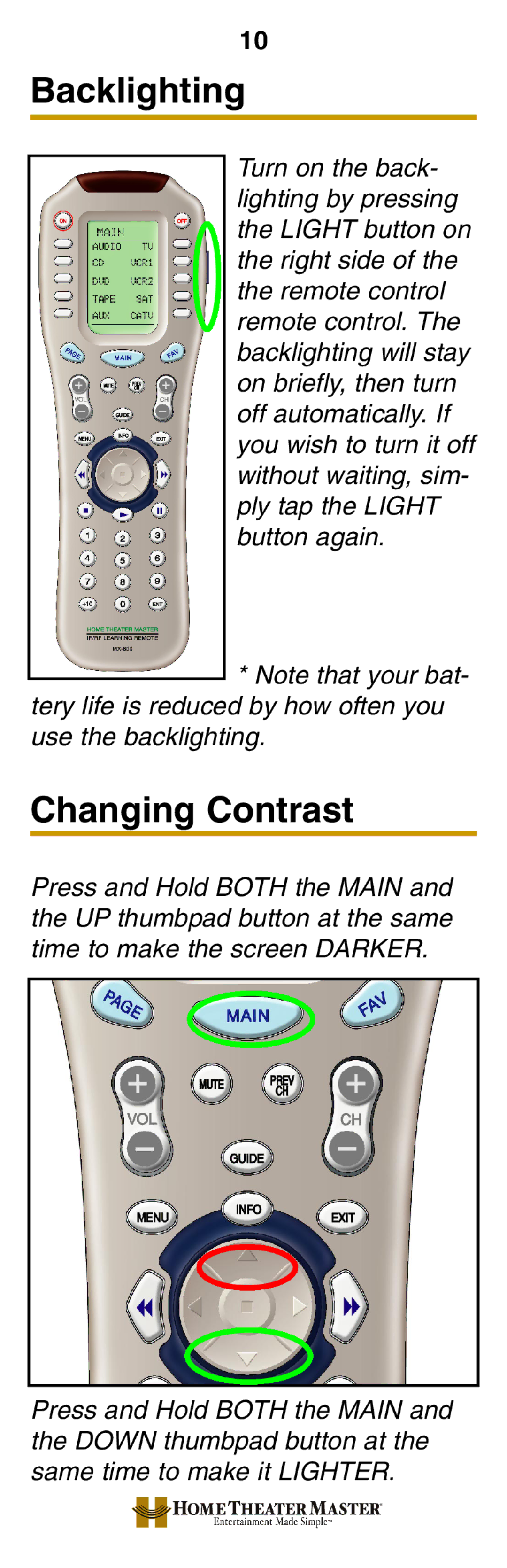 Universal Remote Control MX-800 manual Backlighting, Changing Contrast 