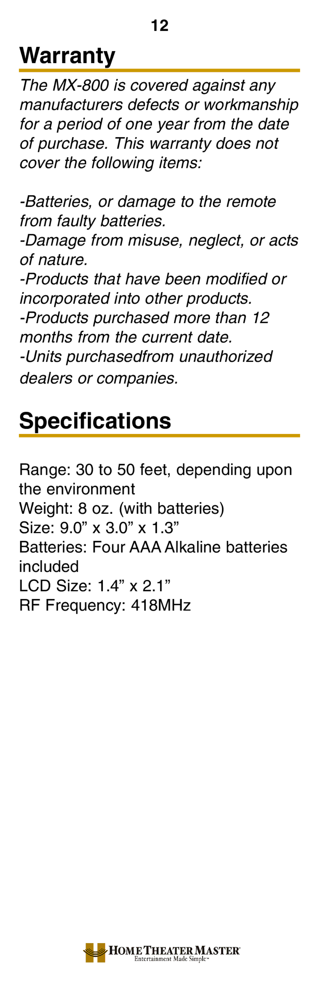 Universal Remote Control MX-800 manual Warranty, Specifications 