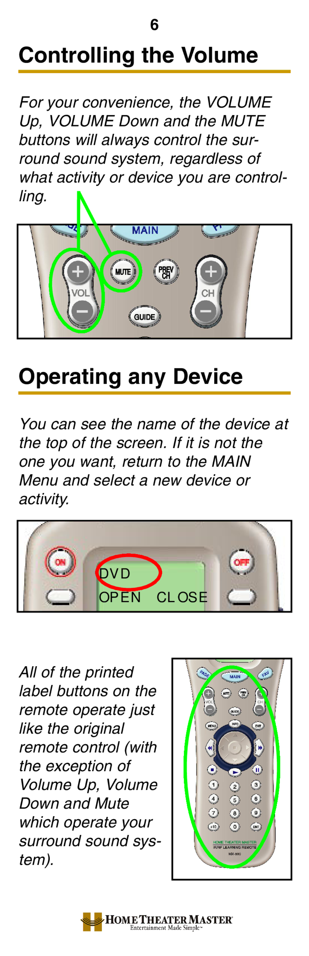 Universal Remote Control MX-800 manual Controlling the Volume, Operating any Device 