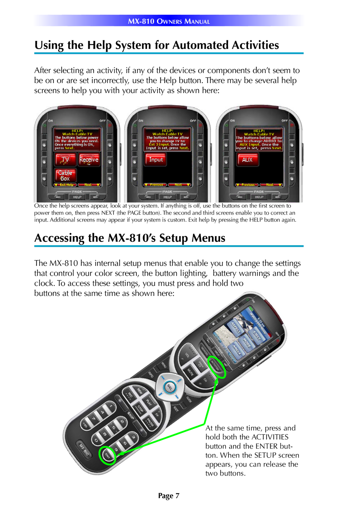 Universal Remote Control manual Using the Help System for Automated Activities, Accessing the MX-810’s Setup Menus 