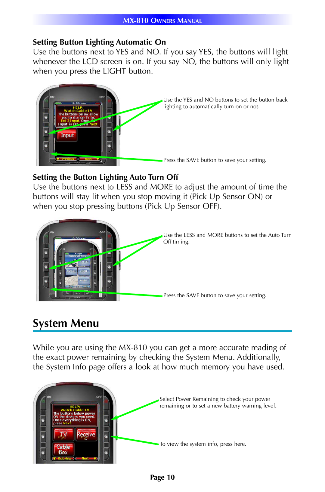 Universal Remote Control MX-810 manual System Menu, Setting Button Lighting Automatic On 