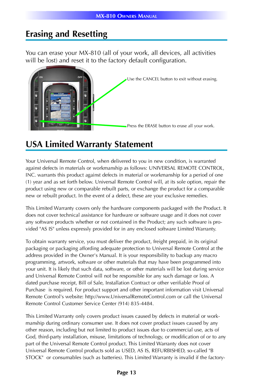 Universal Remote Control MX-810 manual Erasing and Resetting, USA Limited Warranty Statement 