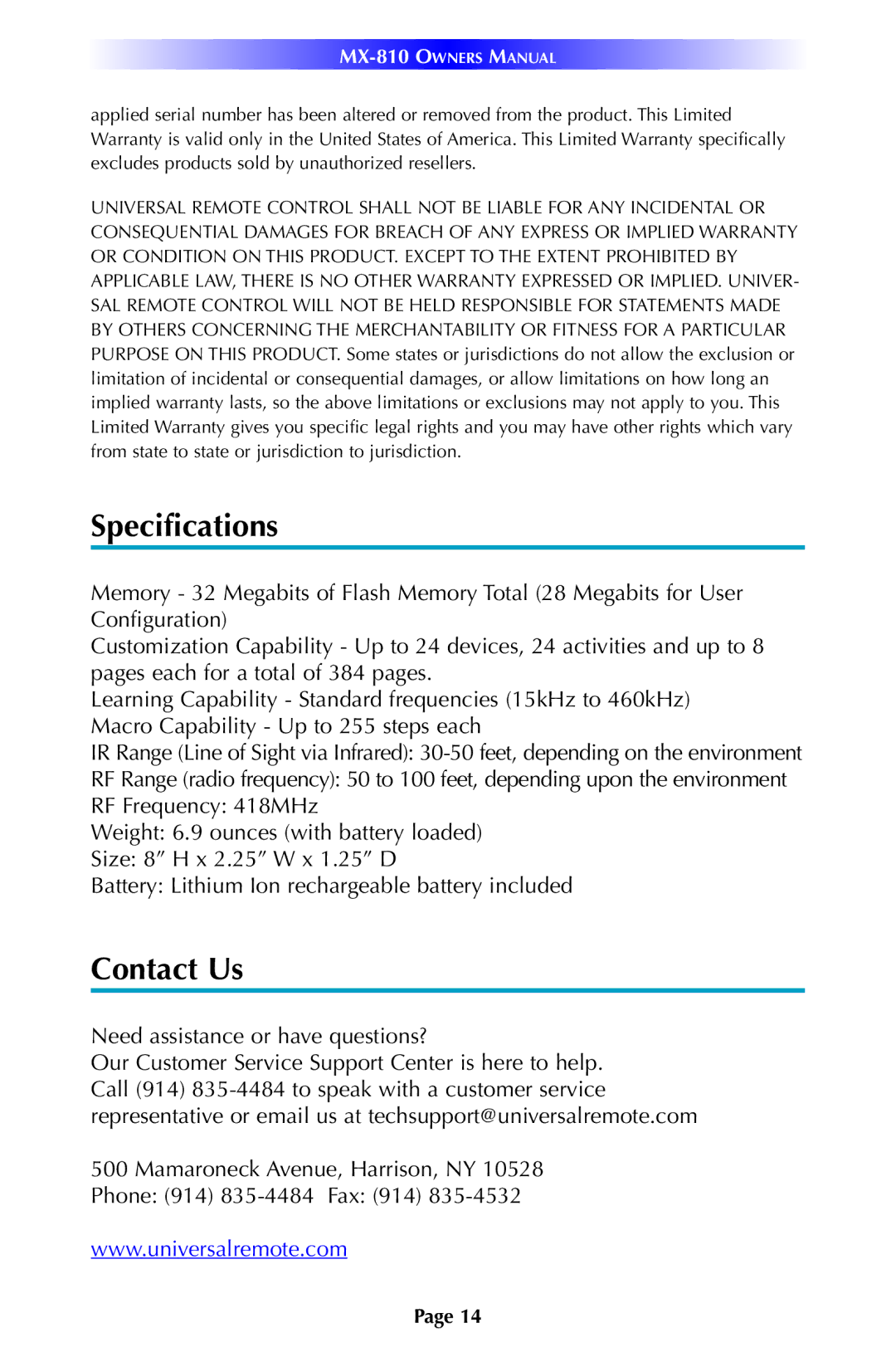 Universal Remote Control MX-810 manual Specifications, Contact Us 