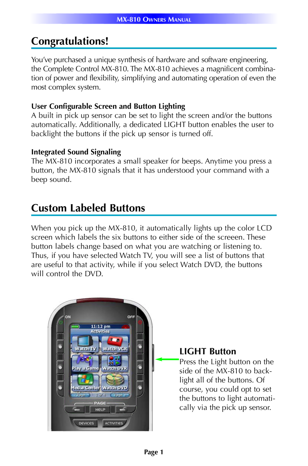 Universal Remote Control MX-810 Congratulations, Custom Labeled Buttons, User Configurable Screen and Button Lighting 