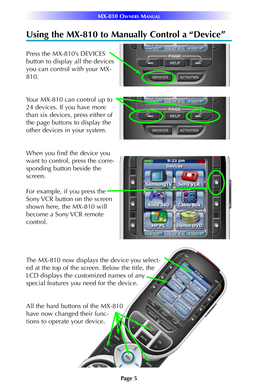 Universal Remote Control manual Using the MX-810 to Manually Control a Device 