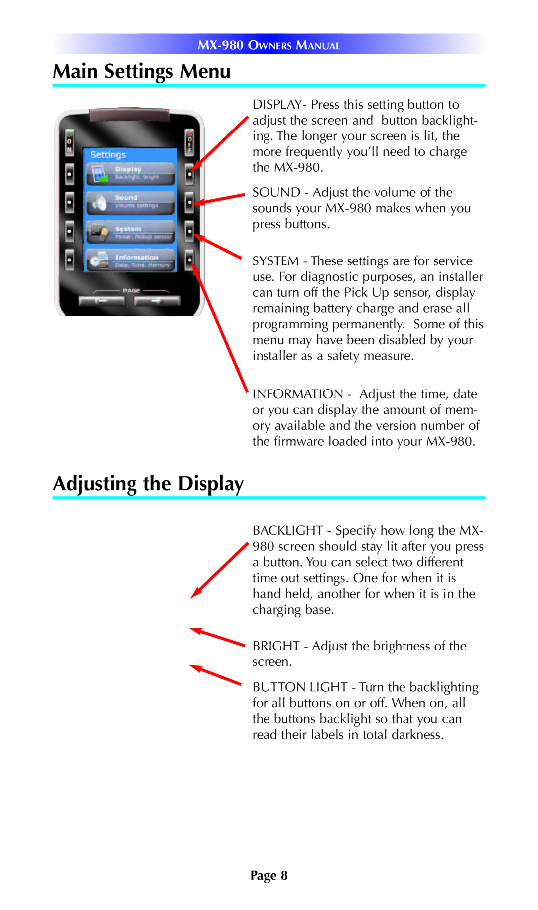 Universal Remote Control MX-980 manual Main Settings Menu, Adjusting the Display 