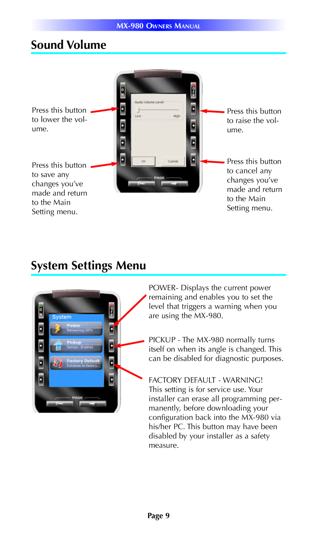 Universal Remote Control MX-980 manual Sound Volume, System Settings Menu 