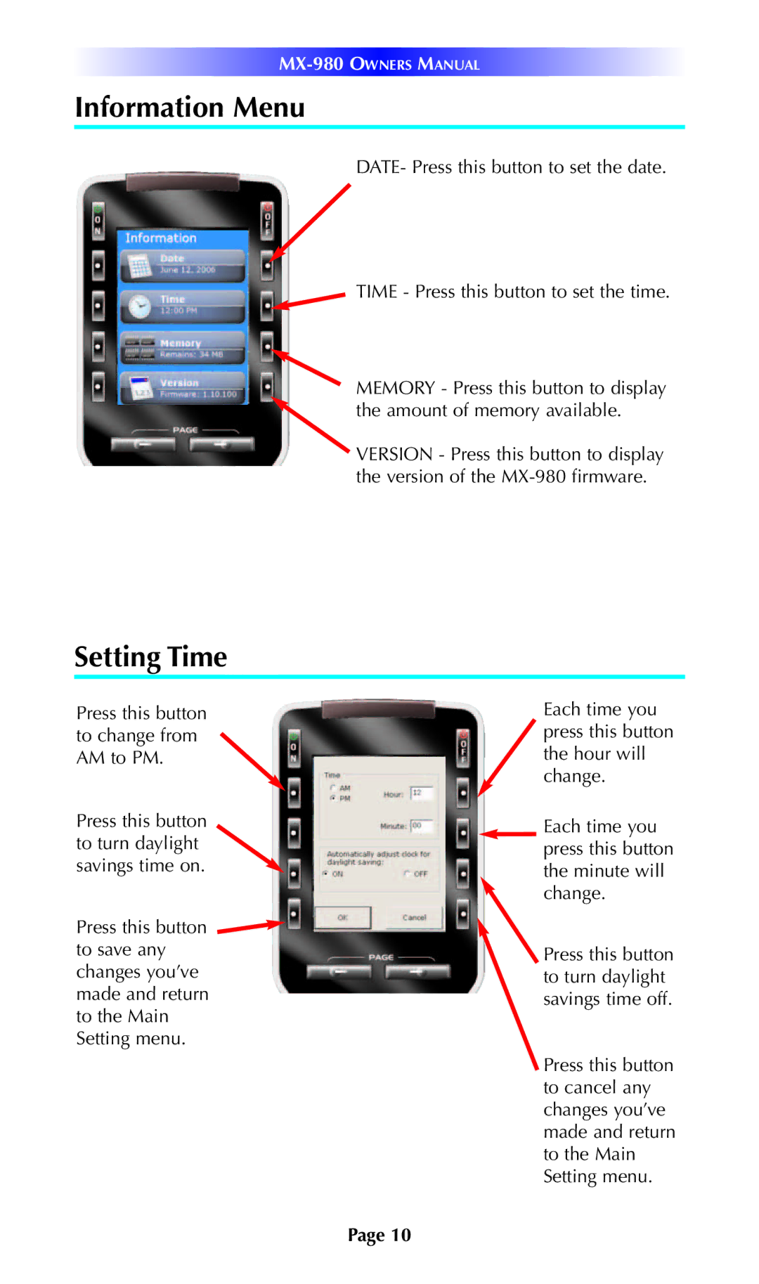 Universal Remote Control MX-980 manual Information Menu, Setting Time 