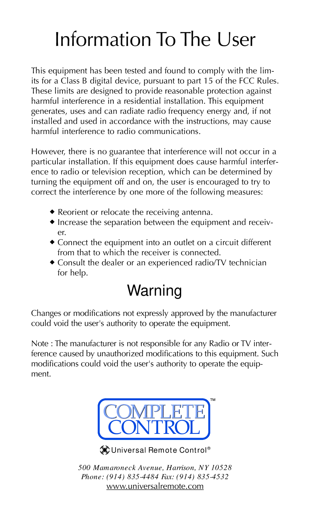 Universal Remote Control MX-980 manual Information To The User 