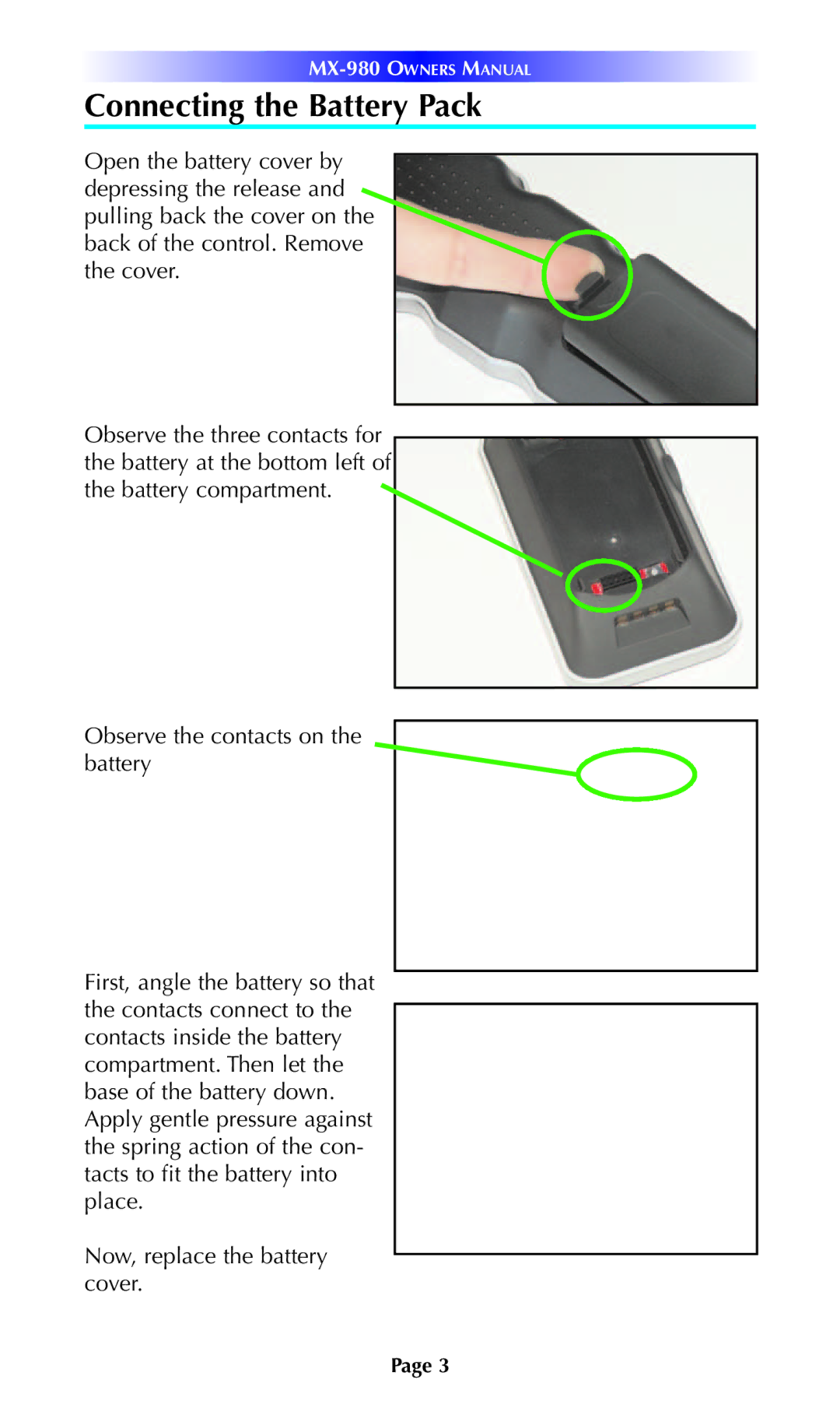 Universal Remote Control MX-980 manual Connecting the Battery Pack 