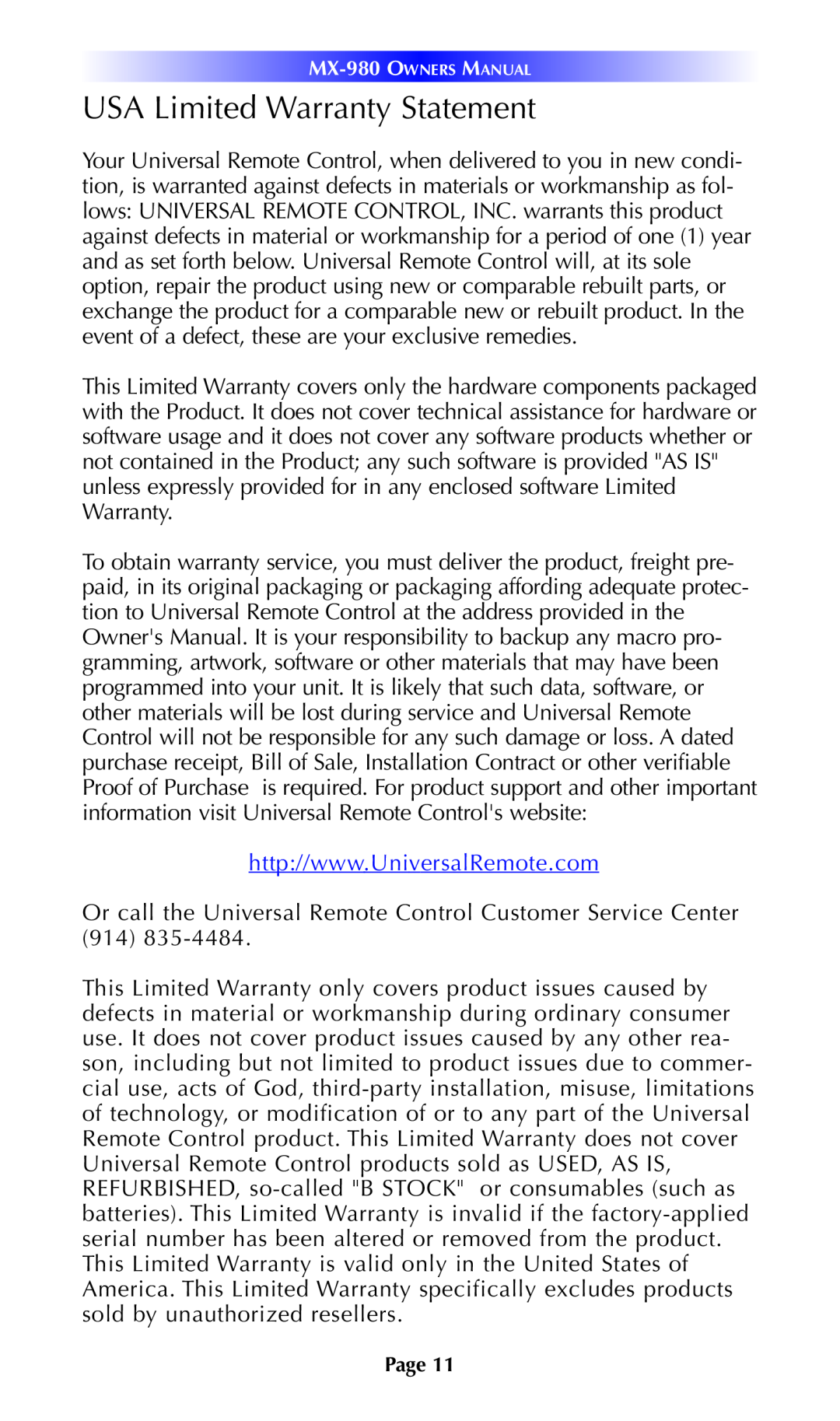 Universal Remote Control MX-980 manual USA Limited Warranty Statement 