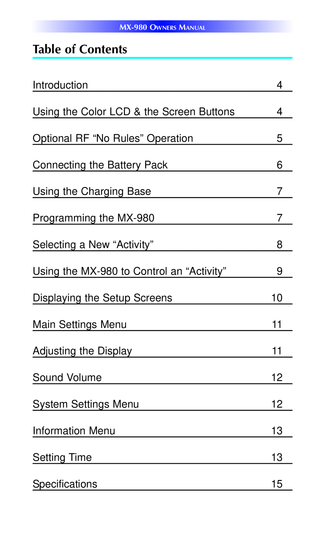 Universal Remote Control MX-980 manual Table of Contents 