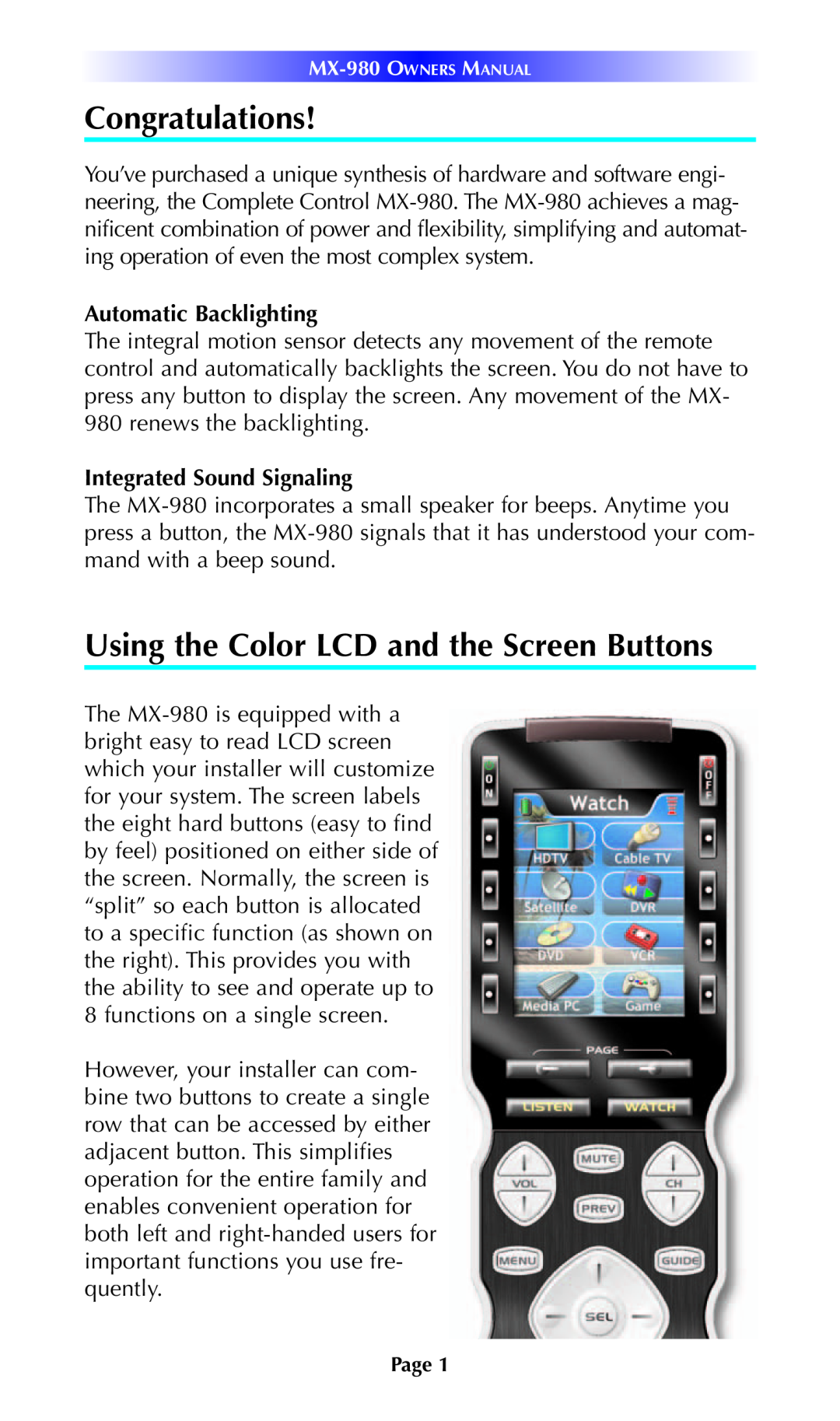 Universal Remote Control MX-980 manual Congratulations, Using the Color LCD and the Screen Buttons, Automatic Backlighting 