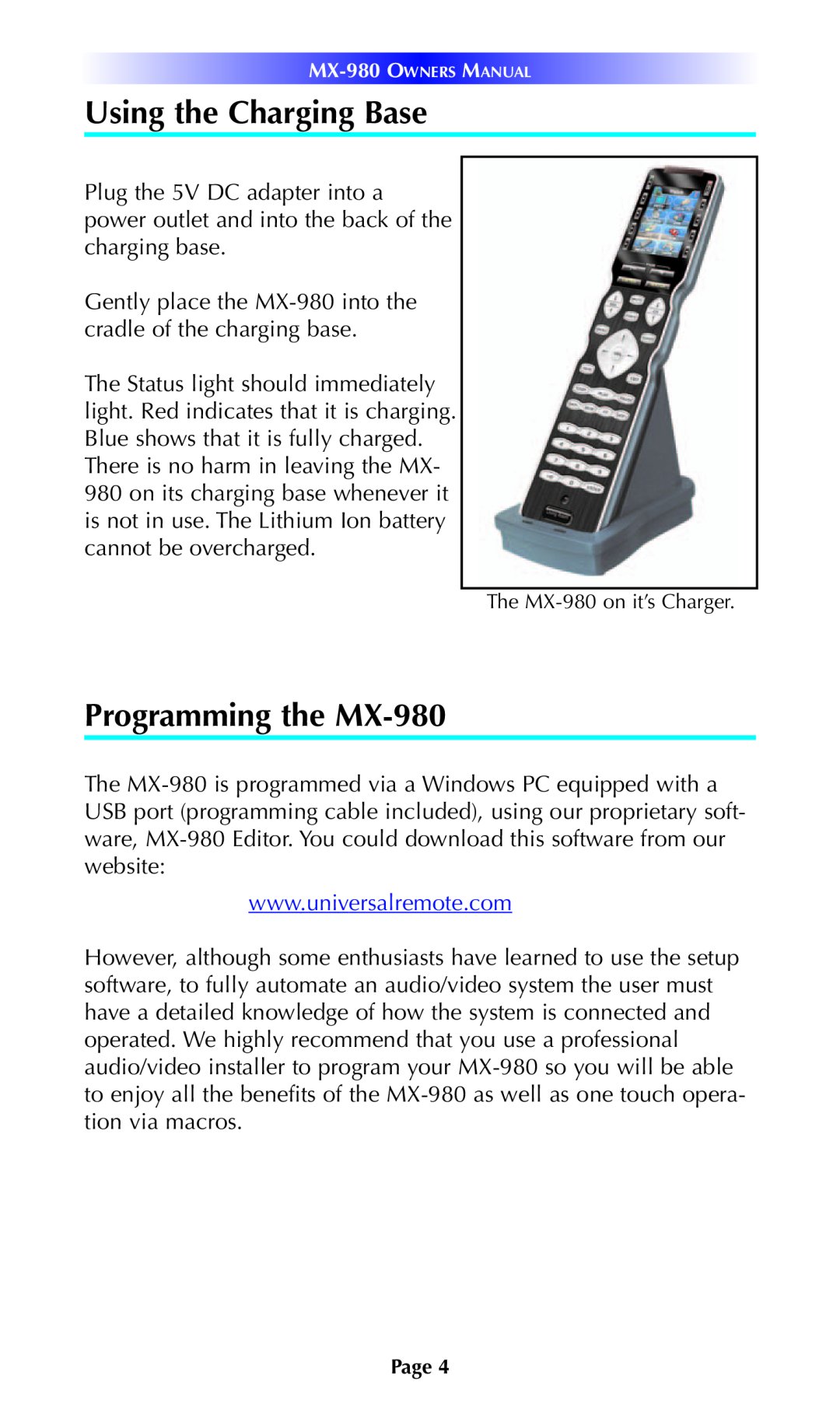 Universal Remote Control manual Using the Charging Base, Programming the MX-980 