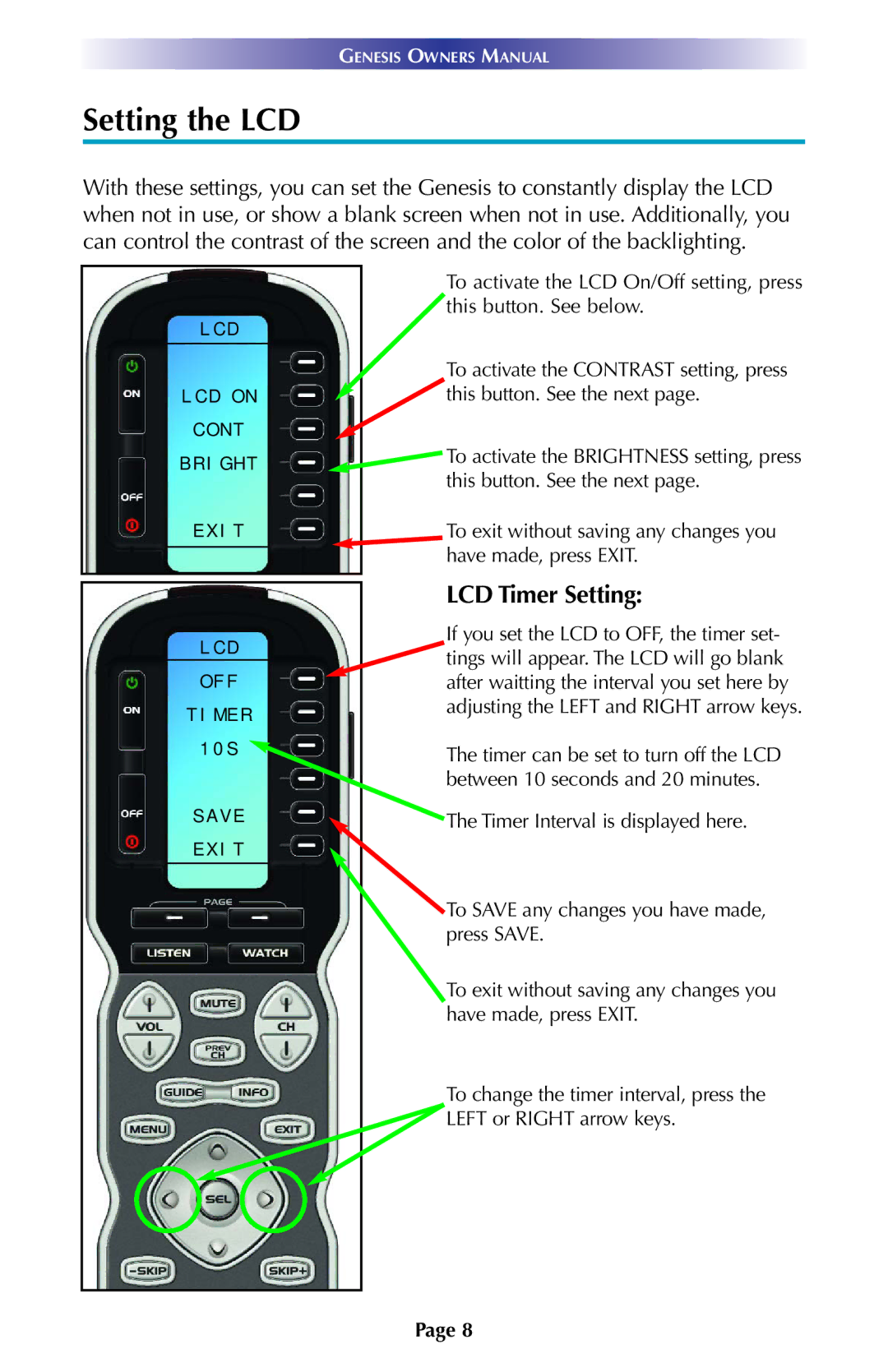 Universal Remote Control MX900 manual Setting the LCD, LCD Timer Setting 