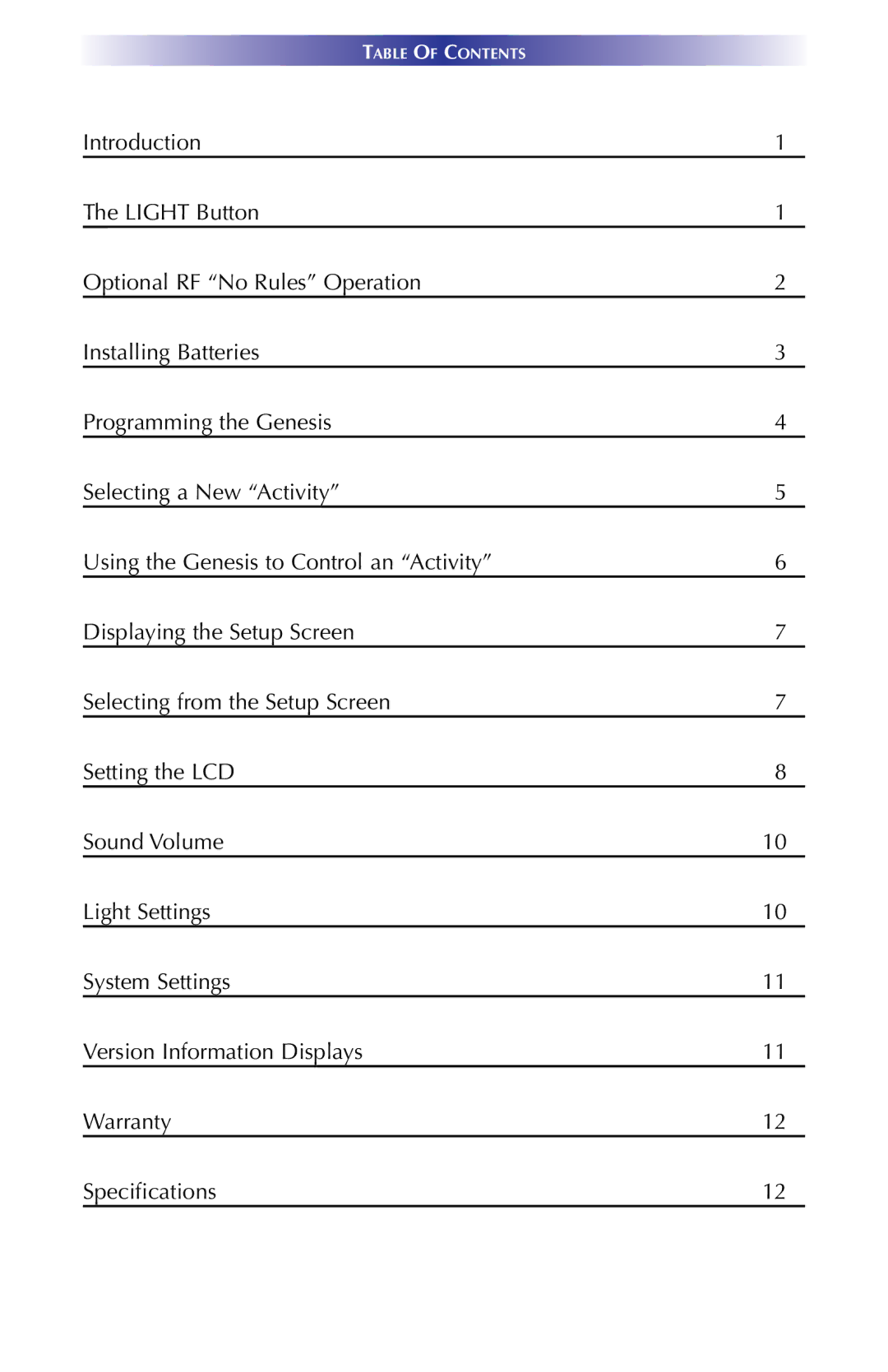 Universal Remote Control MX900 manual Table of Contents 