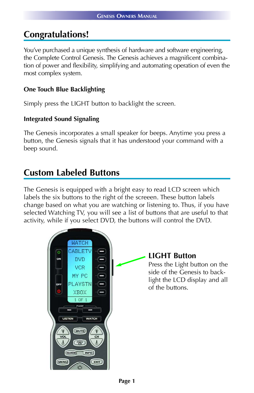 Universal Remote Control MX900 manual Congratulations, Custom Labeled Buttons 