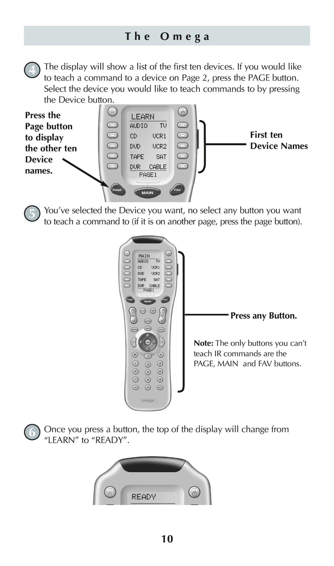 Universal Remote Control omega MX-650 owner manual Device button Press Button First ten To display Other ten, Device Names 