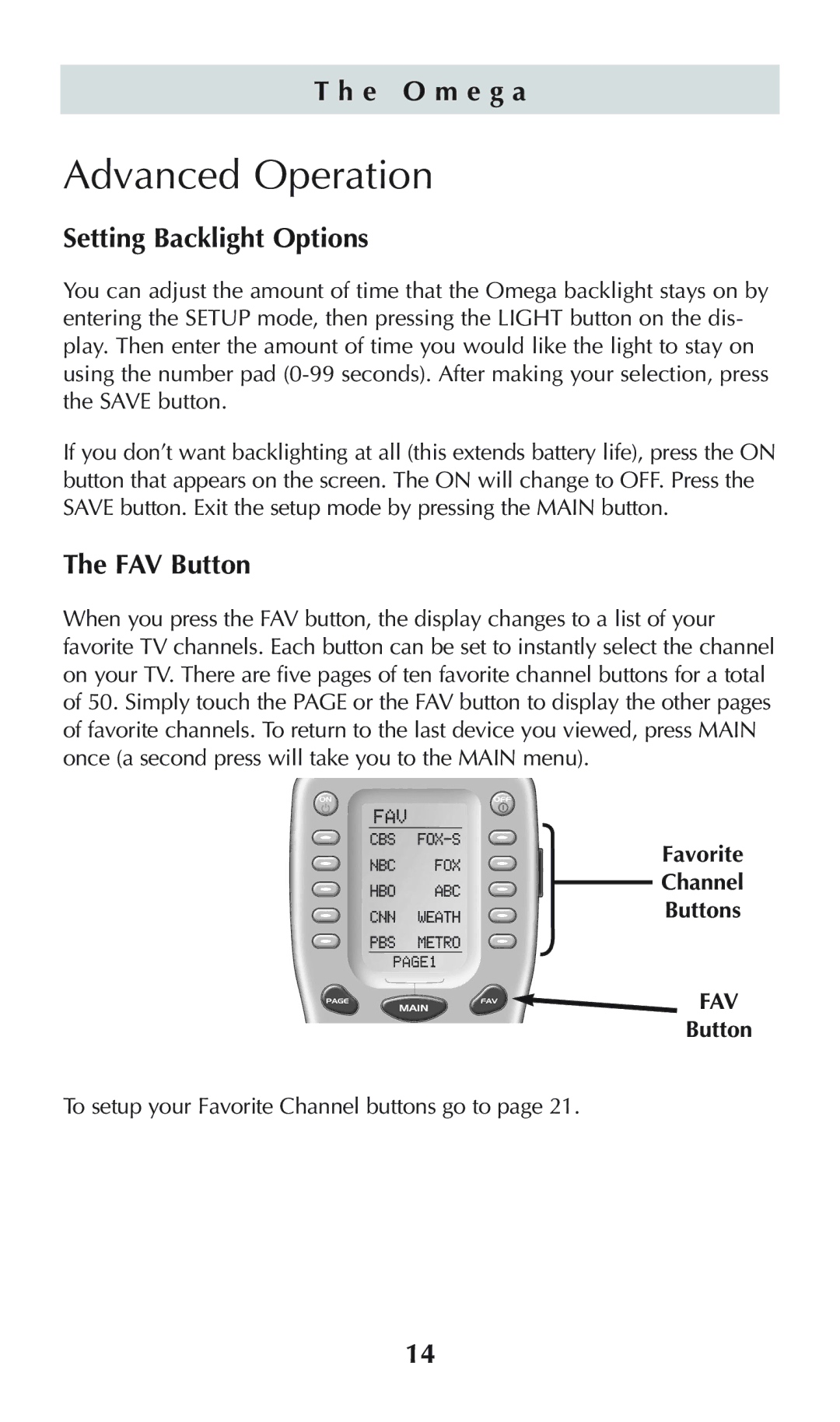 Universal Remote Control omega MX-650 Advanced Operation, Setting Backlight Options, FAV Button, Favorite Channel Buttons 